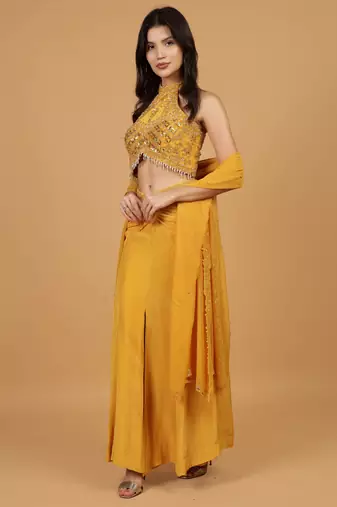 mustard sequins crepe fish cut lehenga set