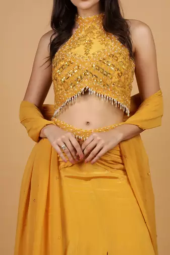 mustard sequins crepe fish cut lehenga set