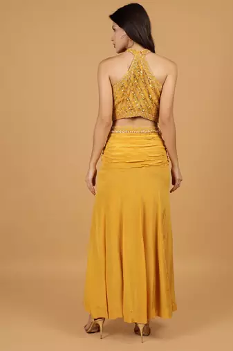 mustard sequins crepe fish cut lehenga set