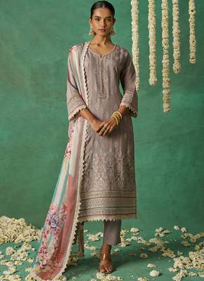 Beige pure organza embroidered wedding wear suit 1