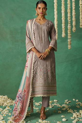Beige pure organza embroidered wedding wear suit