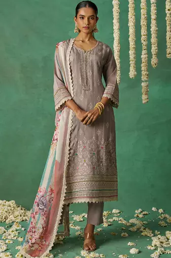 Beige pure organza embroidered wedding wear suit