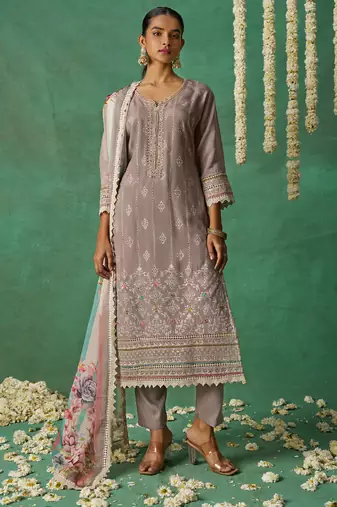 Beige pure organza embroidered wedding wear suit