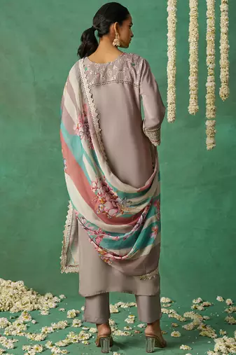 Beige pure organza embroidered wedding wear suit