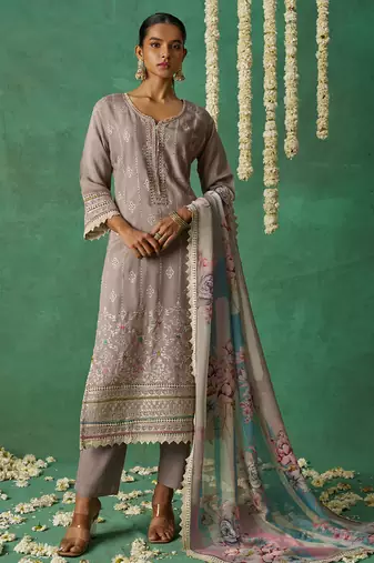 Beige organza embroidered wedding wear suit
