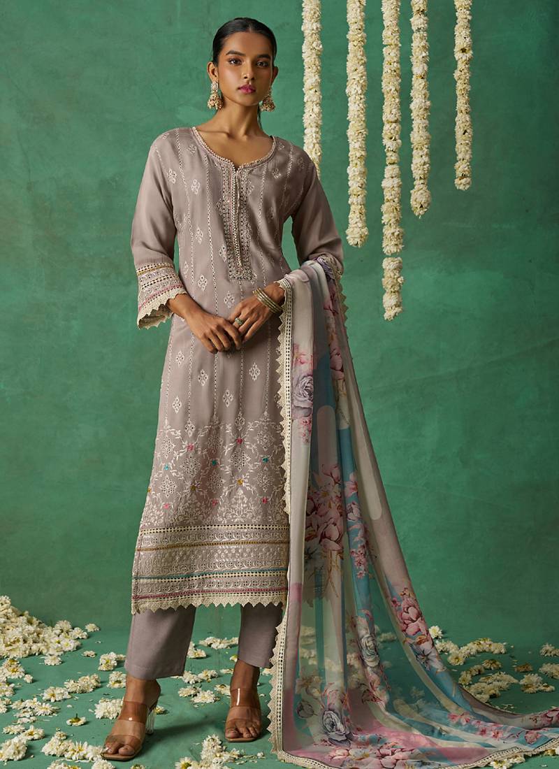 Beige organza embroidered wedding wear suit