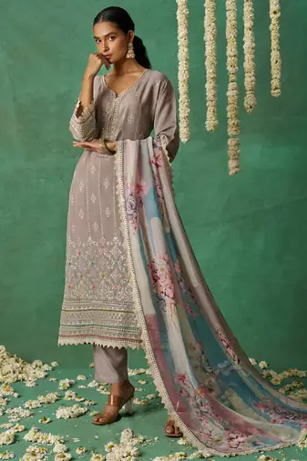 Beige organza embroidered wedding wear suit