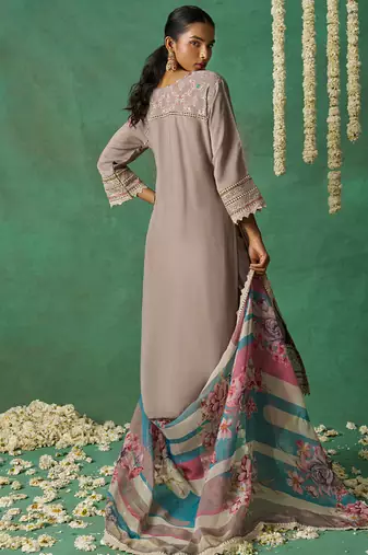 Beige organza embroidered wedding wear suit
