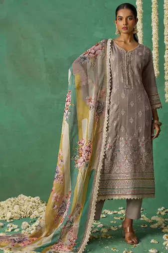 Beige organza embroidered wedding wear suit