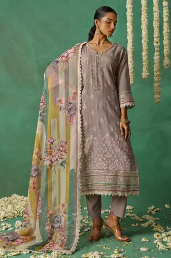 Beige organza embroidered wedding wear suit