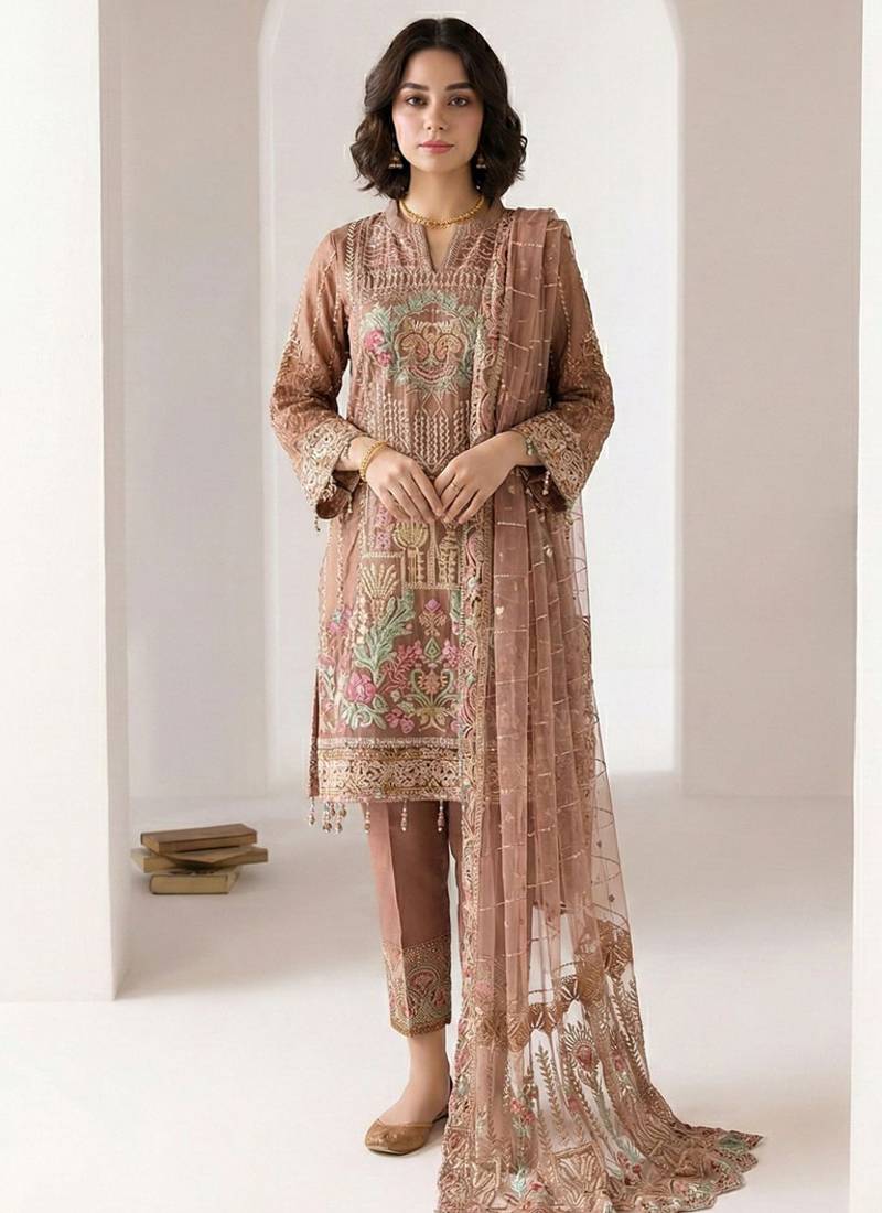 Light brown georgette embroidered salwar suit
