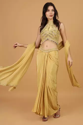 Beige Sequins Crepe Fish Cut Lehenga Set