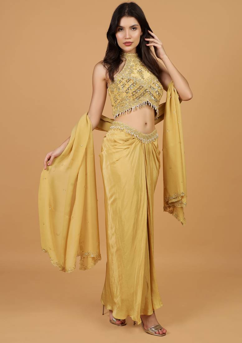 Beige Sequins Crepe Fish Cut Lehenga Set