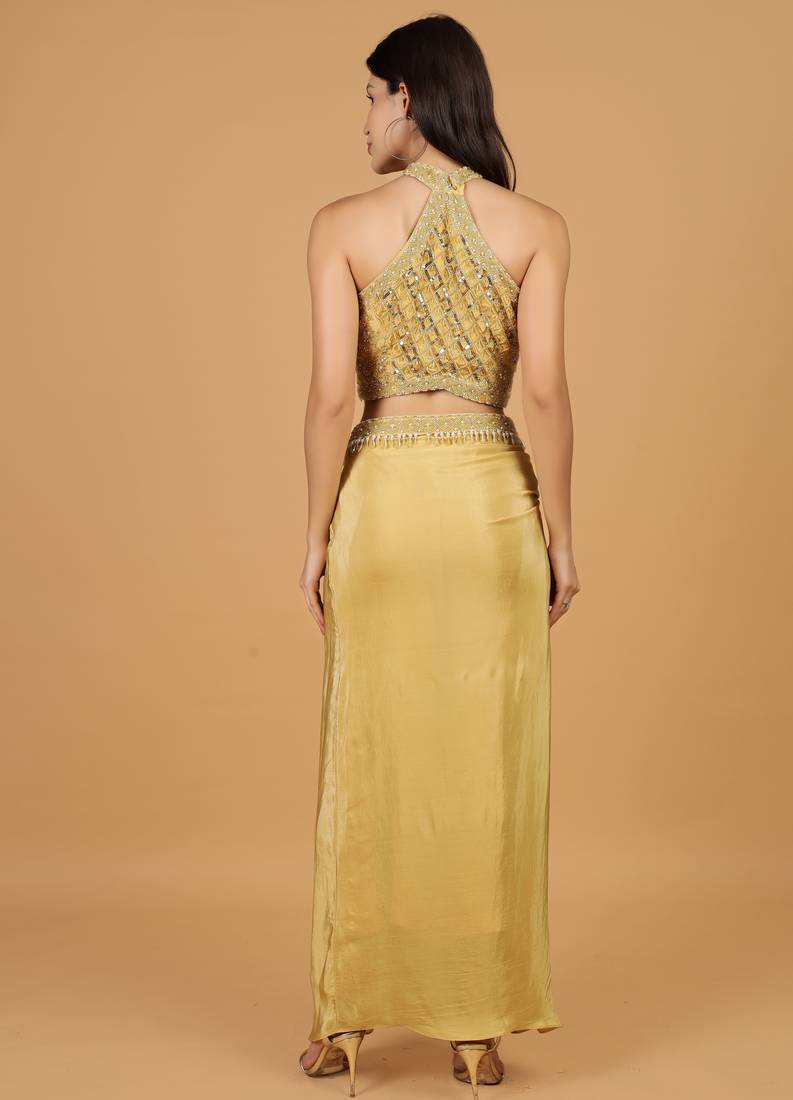 Beige Sequins Crepe Fish Cut Lehenga Set