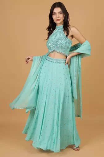 Sea Green Georggette Sequins Pearl Crystal  Lehenga Set
