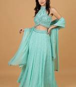 Sea Green Georggette Sequins Pearl Crystal  Lehenga Set