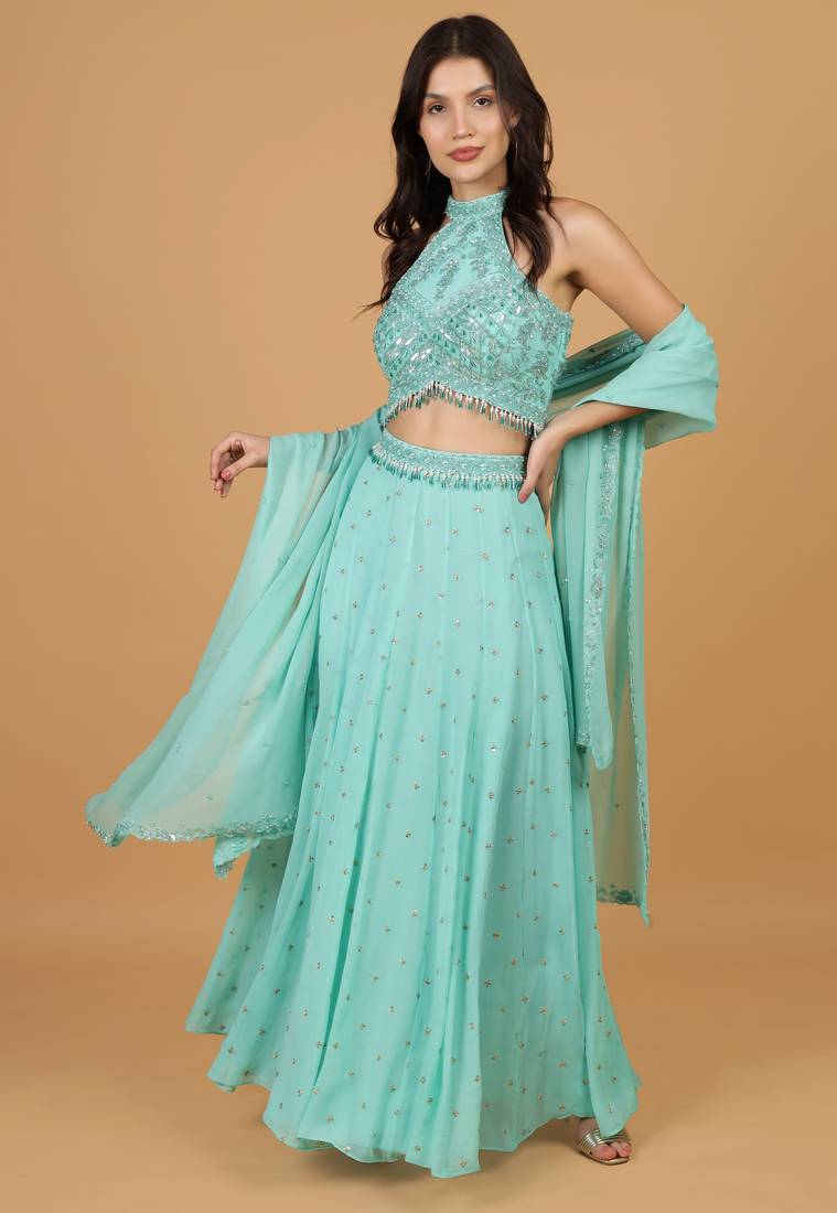 Sea Green Georggette Sequins Pearl Crystal  Lehenga Set