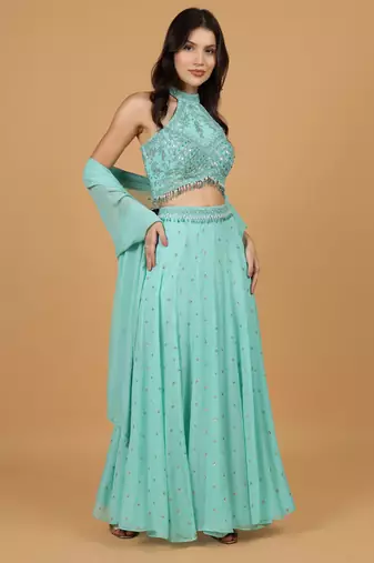 sea green georgette sequins pearl crystal  lehenga set with blouse and dupatta