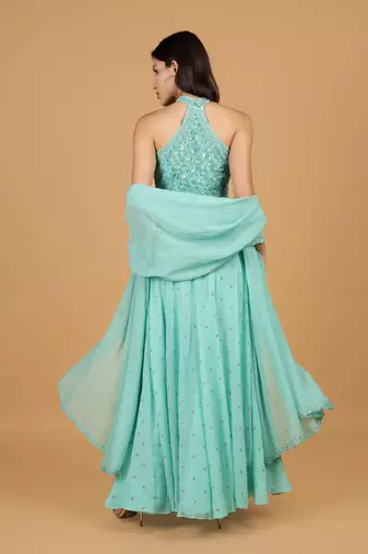 sea green georgette sequins pearl crystal  lehenga set with blouse and dupatta