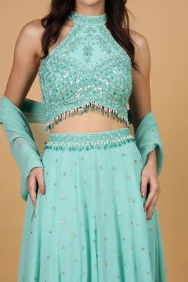 sea green georgette sequins pearl crystal  lehenga set with blouse and dupatta 5