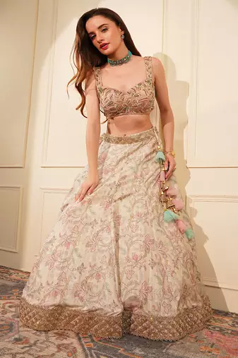light fawn gicha silk printed lehenga set with heavy hand embroidered blouse