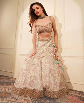 light fawn gicha silk printed lehenga set with heavy hand embroidered blouse 5