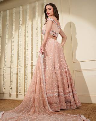 light peach georgette chikan and beads  lehenga set with blouse and dupatta 5