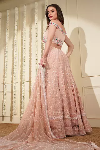 light peach georgette chikan and beads  lehenga set with blouse and dupatta