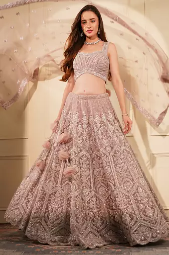 onion pink double net heavy beadwork lehenga set with blouse and dupatta