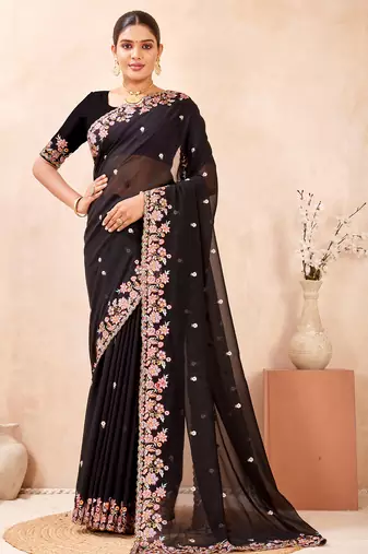 Black kashmiri resham embroidered work georgette saree sari
