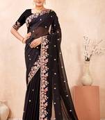 Black kashmiri resham embroidered work georgette saree sari