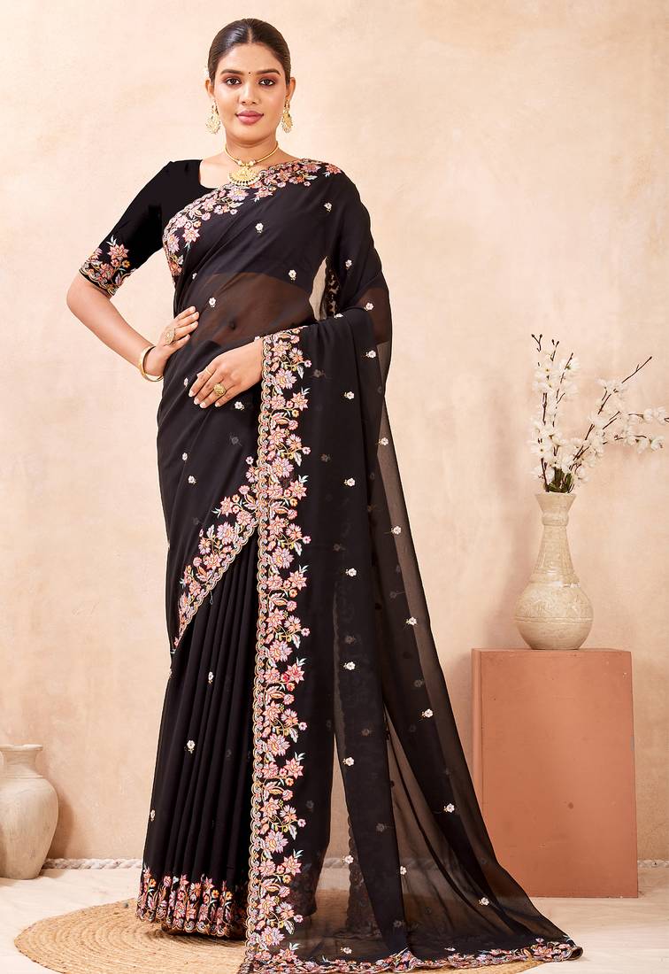 Black kashmiri resham embroidered work georgette saree sari