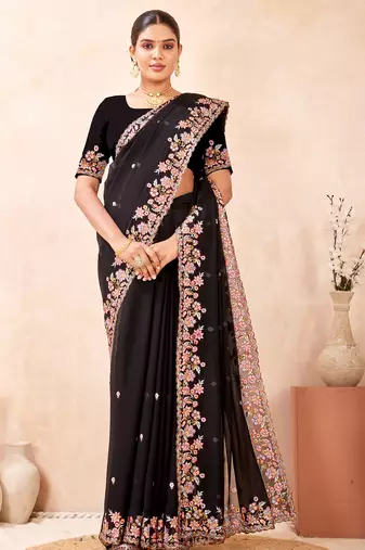 Black kashmiri resham embroidered work georgette saree sari