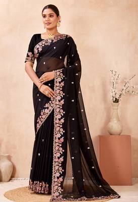 Black kashmiri resham embroidered work georgette saree sari 3