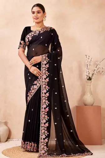 Black kashmiri resham embroidered work georgette saree sari
