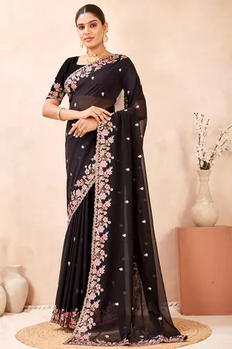 Black kashmiri resham embroidered work georgette saree sari