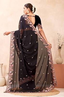 Black kashmiri resham embroidered work georgette saree sari 5