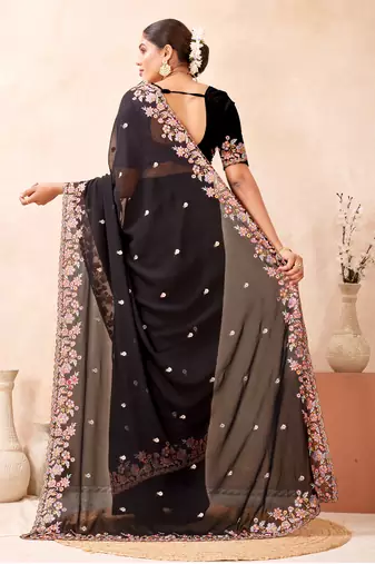 Black kashmiri resham embroidered work georgette saree sari