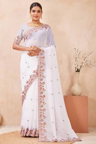 White kashmiri resham embroidered work georgette saree sari
