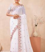 White kashmiri resham embroidered work georgette saree sari