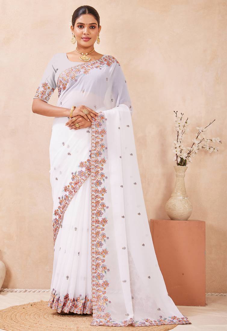 White kashmiri resham embroidered work georgette saree sari