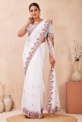 White kashmiri resham embroidered work georgette saree sari 2