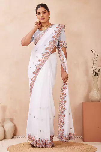 White kashmiri resham embroidered work georgette saree sari