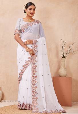 White kashmiri resham embroidered work georgette saree sari 3
