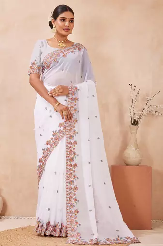 White kashmiri resham embroidered work georgette saree sari