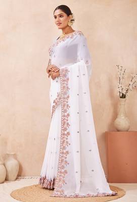 White kashmiri resham embroidered work georgette saree sari 4
