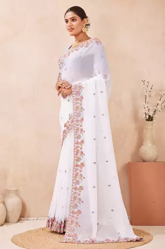 White kashmiri resham embroidered work georgette saree sari