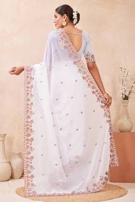 White kashmiri resham embroidered work georgette saree sari 5
