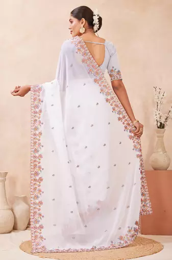 White kashmiri resham embroidered work georgette saree sari