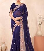 Navy blue kashmiri resham embroidered work georgette saree sari